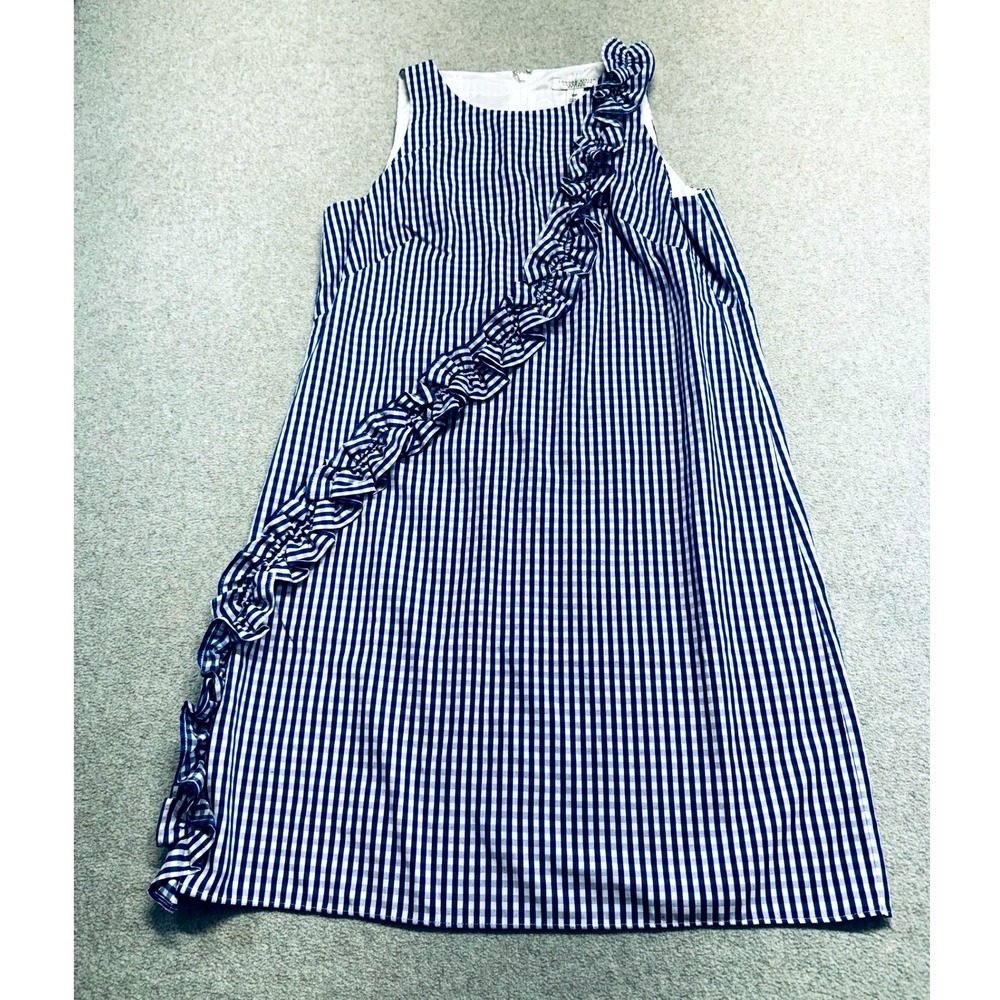 London Style Collection Shift Dress Womens 8P Blue White Gingham Ruffle Classic